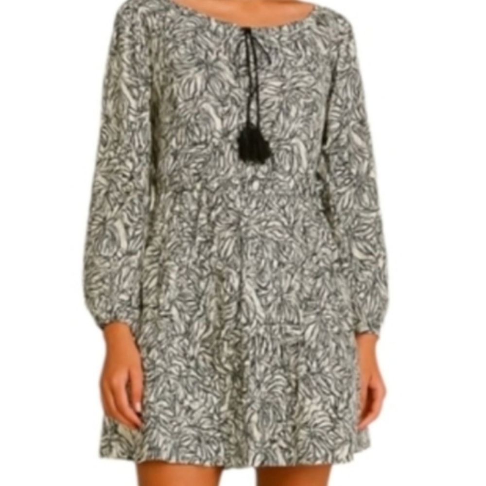 NEW Marine Layer Cream Embroidered Black Peasant Tiered Cotton Mini Dress Medium